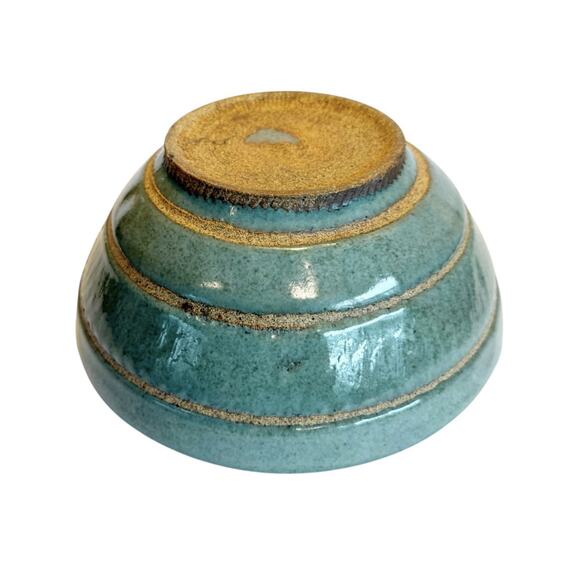 Hand Thrown Art Pottery Bowl Bluish Green Glaze w/Rings Artist Signed Multi Use - Picture 16 of 16